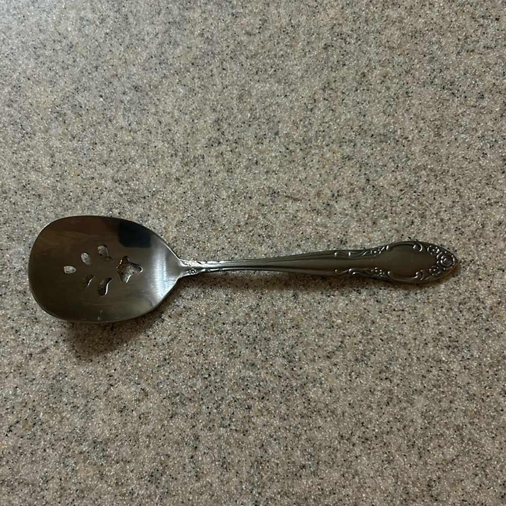 Northland Slotted Jelly Spoon Stainless Flatware Textured Floral Korea 6”